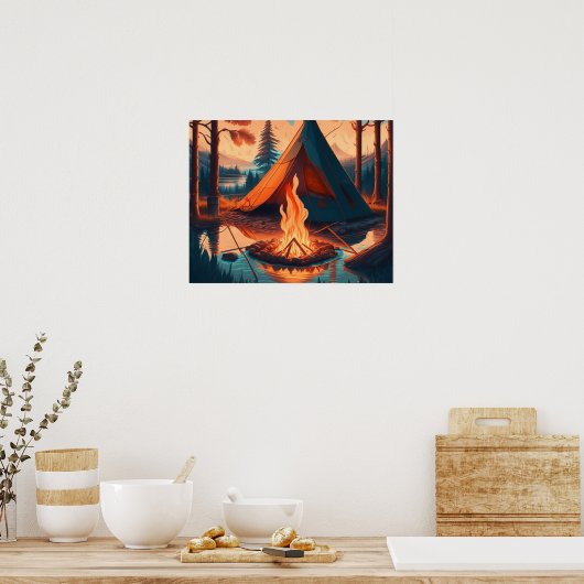 Tent en Campfire  Kleuren Kunst Poster (Keuken)