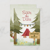 Tent en kampvuur Bos kampeer Huwelijksfeest Save The Date (Voorkant / Achterkant)