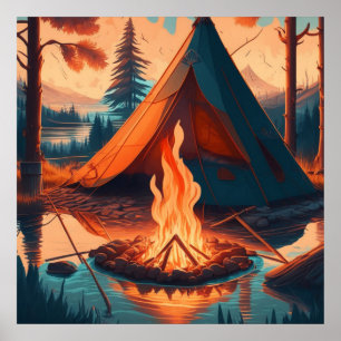 Tent en kampvuur vintage kleuren kunst poster