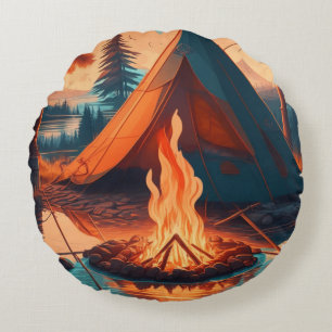 Tent en kampvuur vintage kleuren kunst rond kussen