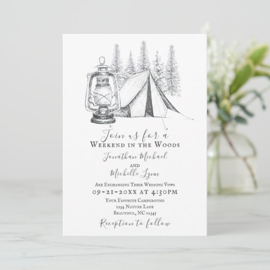 Tent en Lantern Camping Sketch All in One Wedding Kaart (Staand voorkant)
