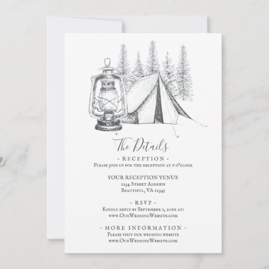 Tent en Lantern Camping Sketch All in One Wedding Kaart (Achterkant)