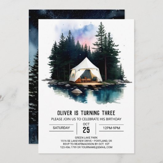 Tent in de Bossen Verjaardagsuitnodiging Kaart (Voorkant / Achterkant)
