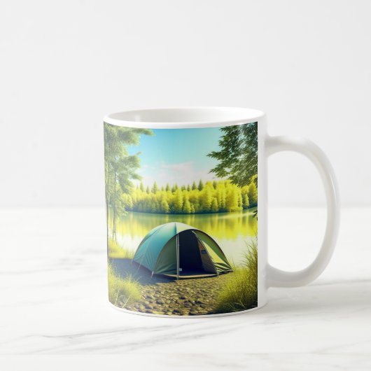 Tent in een prachtig bos bij een meer koffiemok (Rechts)