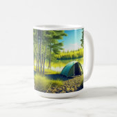 Tent in een prachtig bos bij een meer koffiemok (Voorkant rechts)