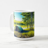 Tent in een prachtig bos bij een meer koffiemok (Voorkant links)