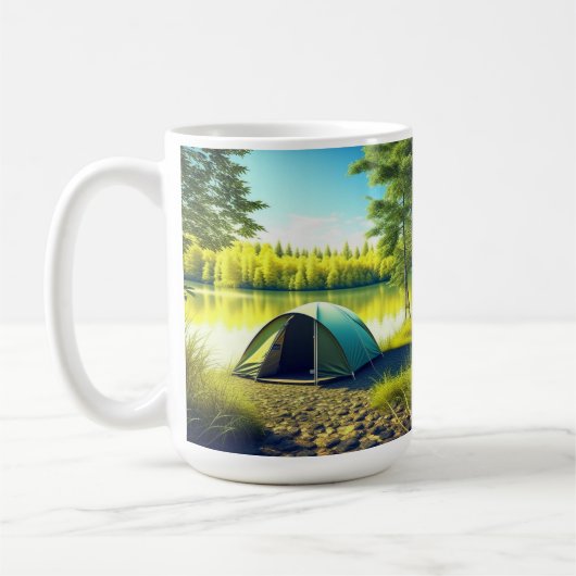 Tent in een prachtig bos bij een meer koffiemok (Links)