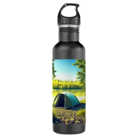 Tent in een prachtig bos bij een meer waterfles  (Voorkant)