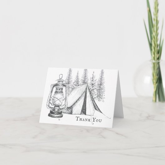 Tent, lantaarn en bos schets kampeer bruiloft bedankkaart (Voorkant)