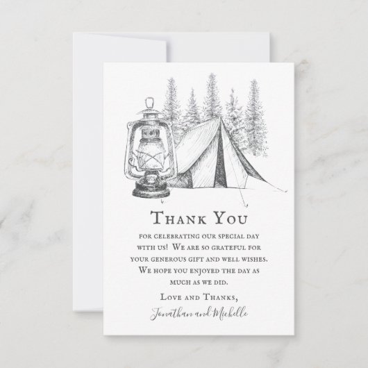 Tent, Lantern en Woodland Sketch Camping Wedding Bedankkaart (Voorkant)