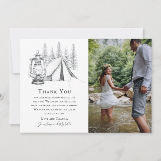 Tent, Lantern en Woodland Sketch Camping Wedding Bedankkaart (Voorkant)