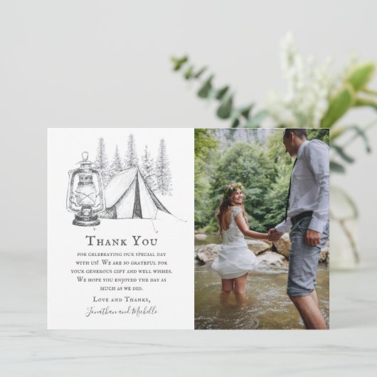 Tent, Lantern en Woodland Sketch Camping Wedding Bedankkaart (Staand voorkant)
