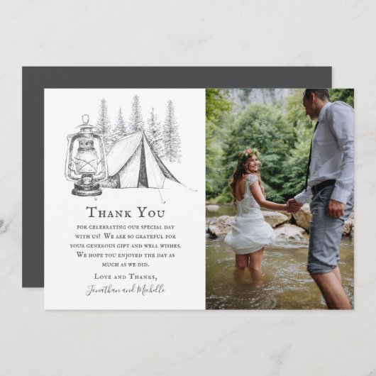 Tent, Lantern en Woodland Sketch Camping Wedding Bedankkaart (Voorkant / Achterkant)