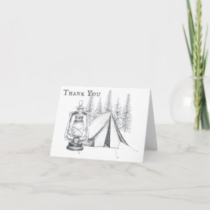 Tent, Lantern en Woodland Sketch Camping Wedding Bedankkaart