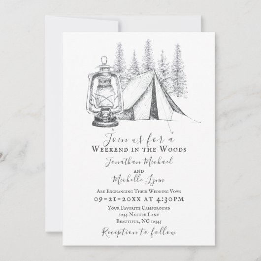 Tent, Lantern en Woodland Sketch Camping Wedding Kaart (Voorkant)