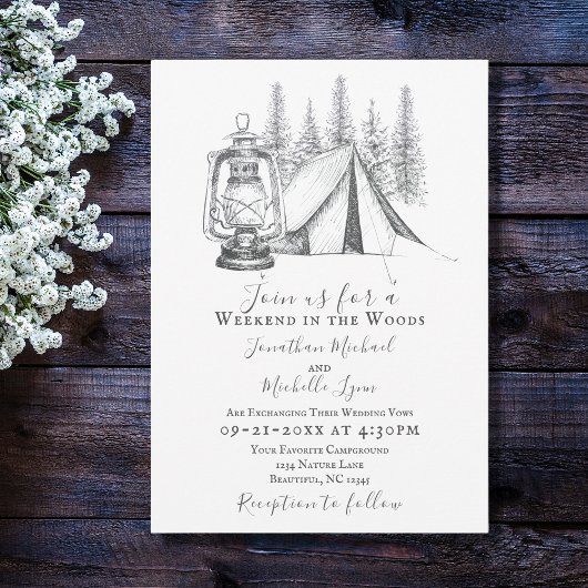 Tent, Lantern en Woodland Sketch Camping Wedding Kaart
