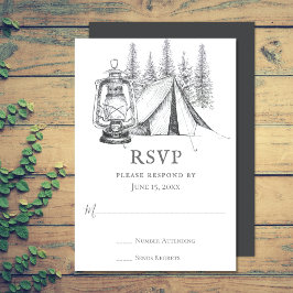 Tent, Lantern en Woodland Sketch Camping Wedding RSVP Kaartje