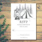 Tent, Lantern en Woodland Sketch Camping Wedding RSVP Kaartje