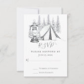 Tent, Lantern en Woodland Sketch Camping Wedding RSVP Kaartje (Voorkant)