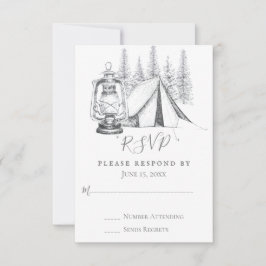 Tent, Lantern en Woodland Sketch Camping Wedding RSVP Kaartje