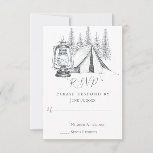Tent, Lantern en Woodland Sketch Camping Wedding RSVP Kaartje (Voorkant)