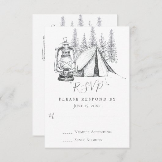 Tent, Lantern en Woodland Sketch Camping Wedding RSVP Kaartje (Voorkant / Achterkant)