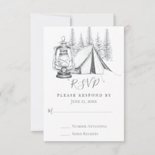 Tent, Lantern en Woodland Sketch Camping Wedding RSVP Kaartje