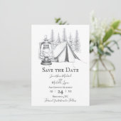 Tent, Lantern en Woodland Sketch Camping Wedding Save The Date (Staand voorkant)