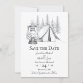 Tent, Lantern en Woodland Sketch Camping Wedding Save The Date (Voorkant)