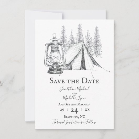 Tent, Lantern en Woodland Sketch Camping Wedding Save The Date (Voorkant)