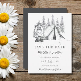 Tent, Lantern en Woodland Sketch Camping Wedding Save The Date