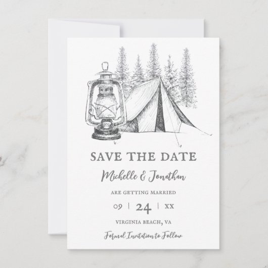Tent, Lantern en Woodland Sketch Camping Wedding Save The Date (Voorkant)