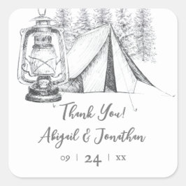 Tent, Lantern en Woodland Sketch Camping Wedding Vierkante Sticker