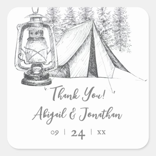 Tent, Lantern en Woodland Sketch Camping Wedding Vierkante Sticker (Voorkant)
