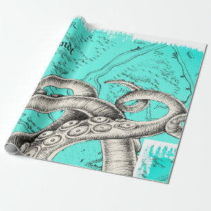 Tentacles Octopus Blauwgroen  Kaart Inkt Cadeaupapier
