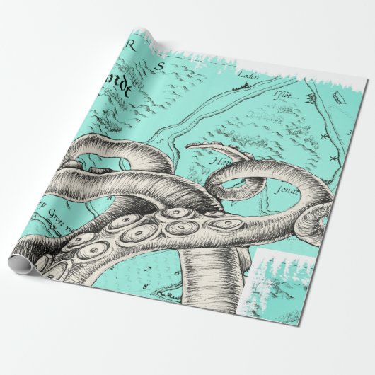Tentacles Octopus Blauwgroen Kaart Inkt Cadeaupapier (Uitgerold)