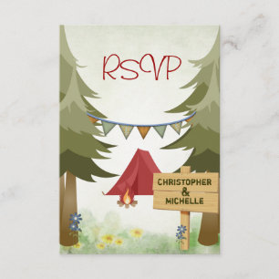 Tenten en kampvuur Woodland Camping Wedding RSVP Kaartje