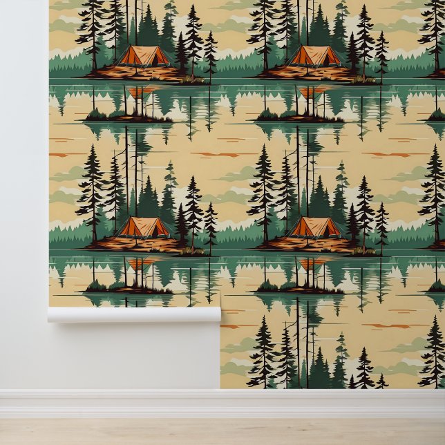 Tenten in het midden van Pine Trees Camping Behang (Applicatie)