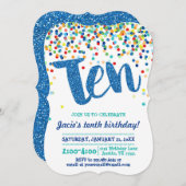 Tenth Birthday Blue Confetti Glitter Invitation Kaart (Voorkant / Achterkant)