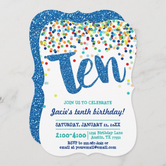 Tenth Birthday Blue Confetti Glitter Invitation Kaart (Voorkant / Achterkant)