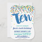 Tenth Birthday Blue Confetti Glitter Invitation Kaart (Voorkant)