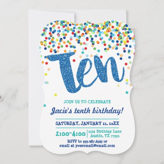 Tenth Birthday Blue Confetti Glitter Invitation Kaart (Voorkant)