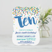 Tenth Birthday Blue Confetti Glitter Invitation Kaart (Staand voorkant)