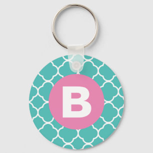 Tepaalkleurig Quatrefoil Patroon Met Roze Monogram Sleutelhanger