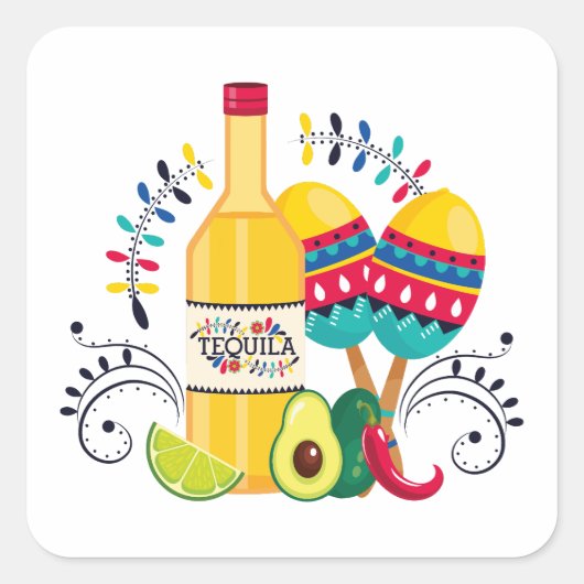 Tequila, Maracas Mexican Folk Art Vierkante Sticker (Voorkant)