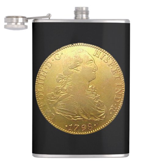 Tequila Spaans Goud Doubloon op Zwarte Flask Heupfles (Geopend)