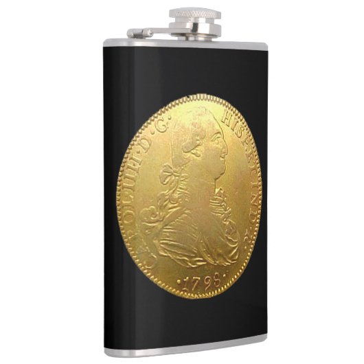 Tequila Spaans Goud Doubloon op Zwarte Flask Heupfles (Rechts)