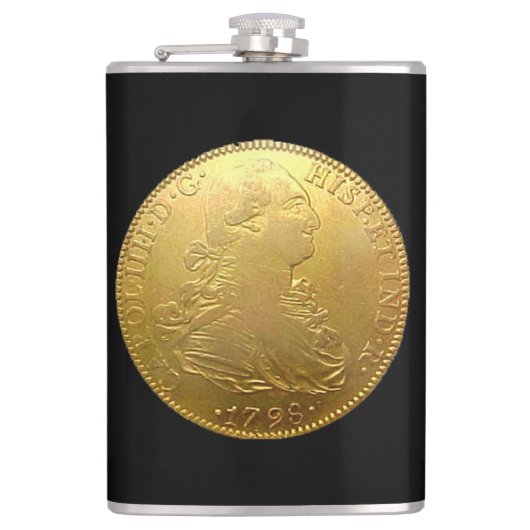 Tequila Spaans Goud Doubloon op Zwarte Flask Heupfles (Voorkant)