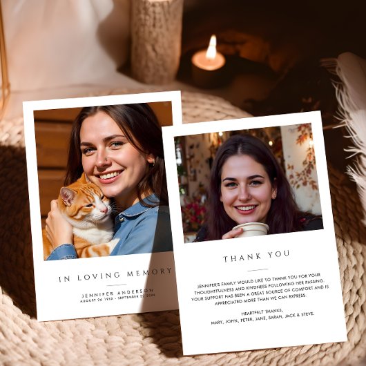 Ter liefdevolle herinnering 2-foto moderne rouwdie bedankkaart