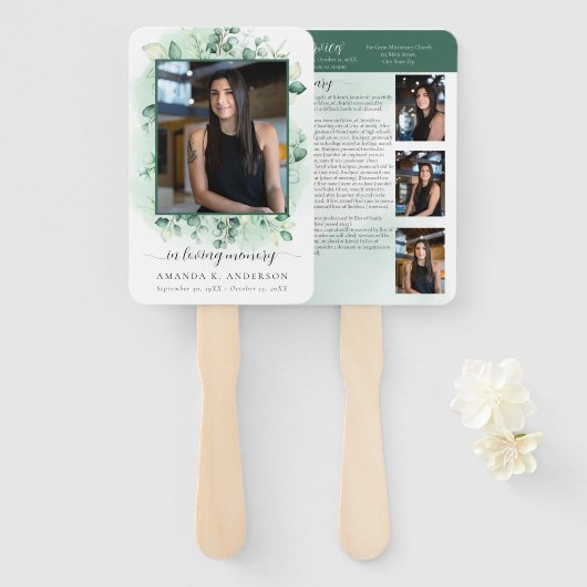 Ter liefdevolle herinnering Eucalyptus groen overl Handwaaier (Voorkant en achterkant)